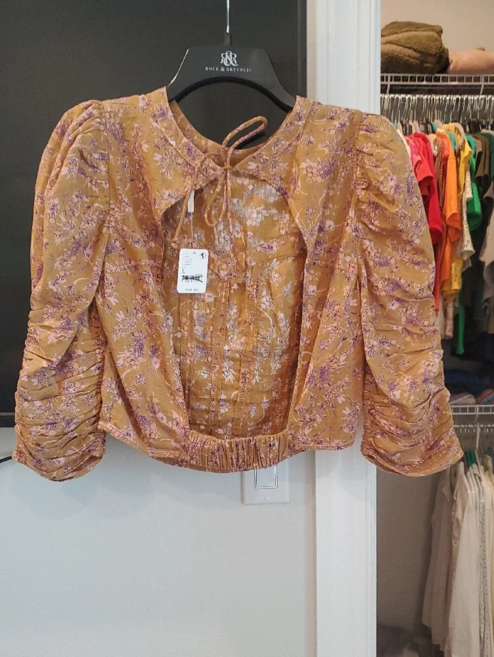 Free People Mustard Yellow Floral Puff-Sleeve Blouse